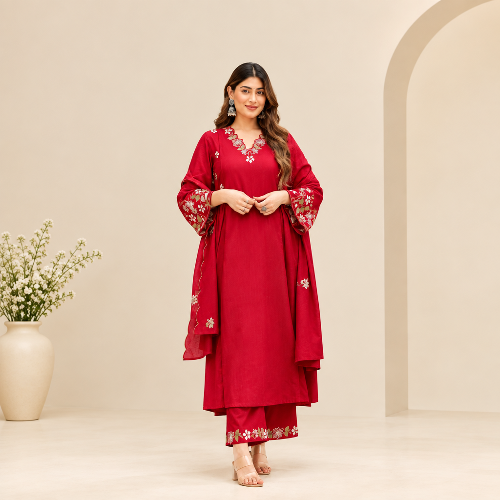 Ruby Red Floral Anarkali Set