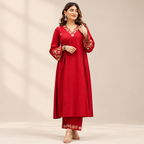 Ruby Red Floral Anarkali Set
