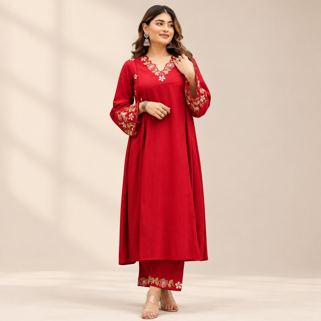 Ruby Red Floral Anarkali Set