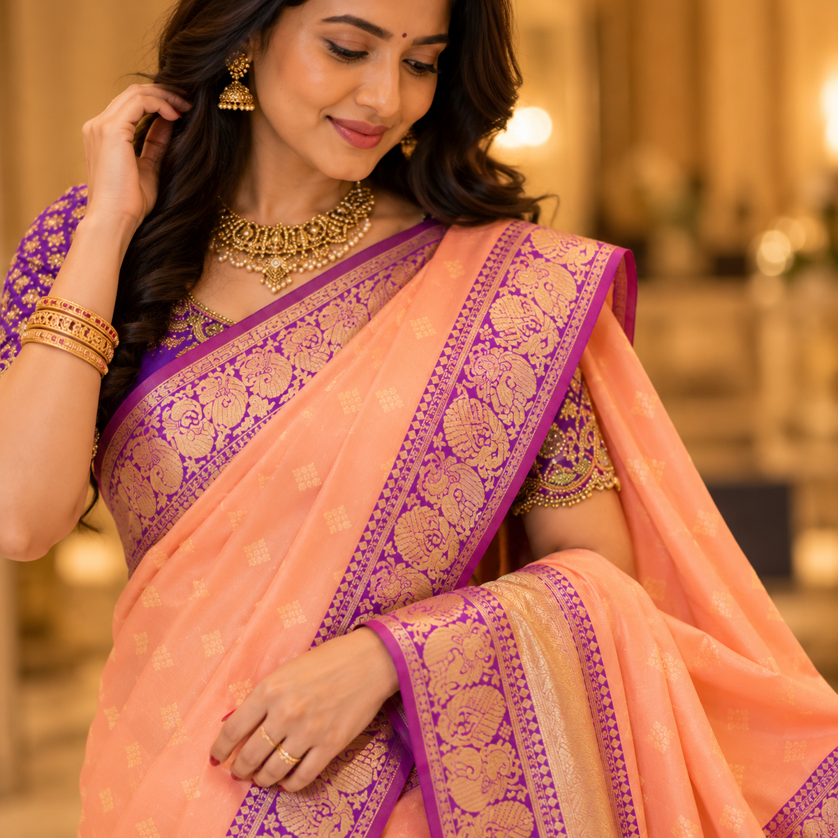 Peach Silk Saree With Purple Border
