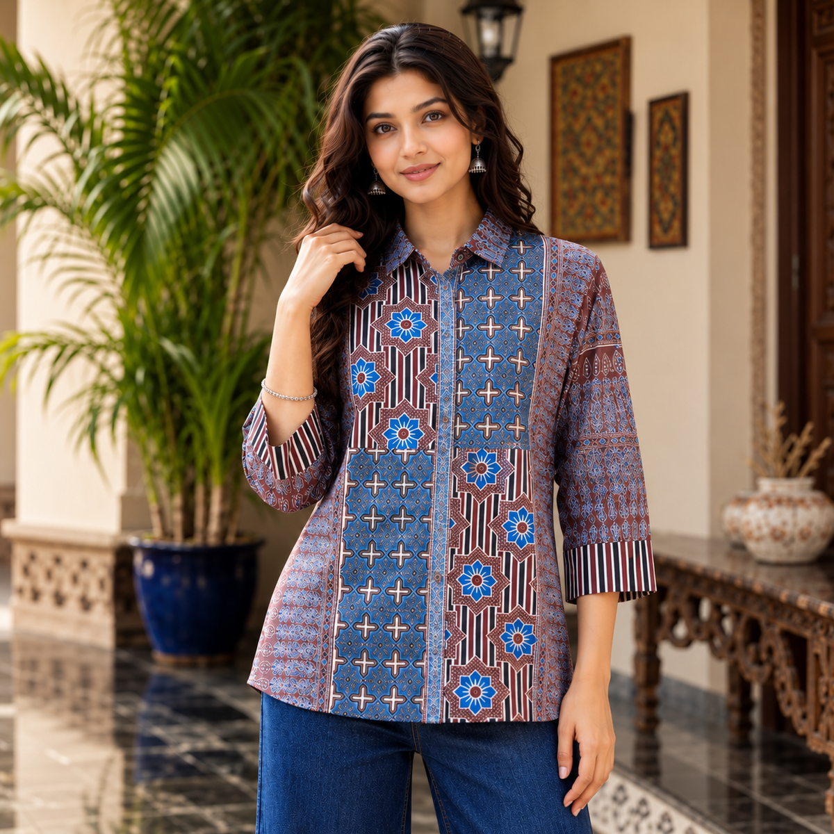 Blue Printed Crepe Shirt