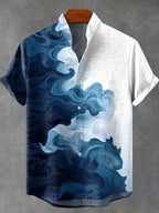 Wave Print Band Collar Shirt