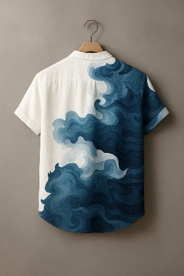 Wave Print Band Collar Shirt