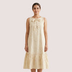 Beige Printed Bow-Neck Dress