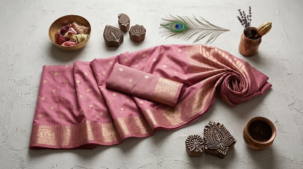 Pink Woven Jacquard Silk Saree
