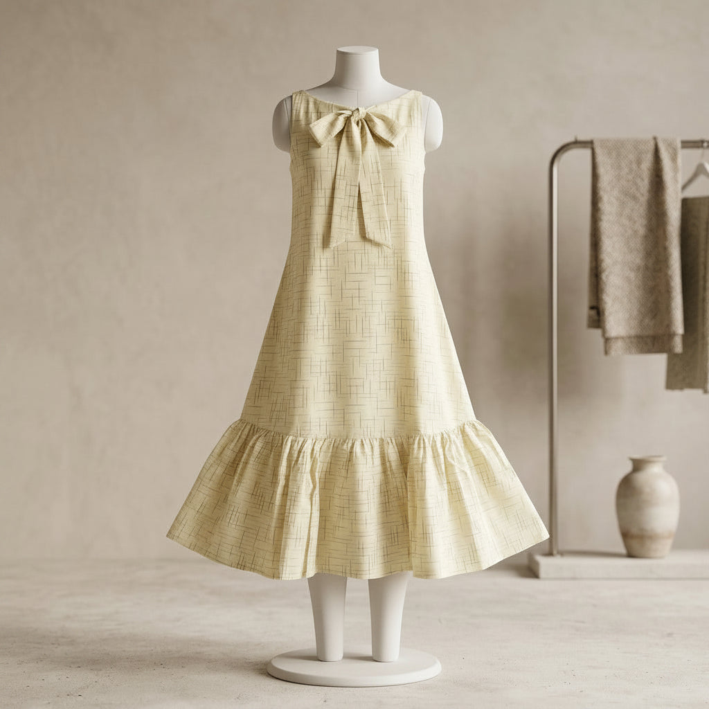Beige Printed Bow-Neck Dress