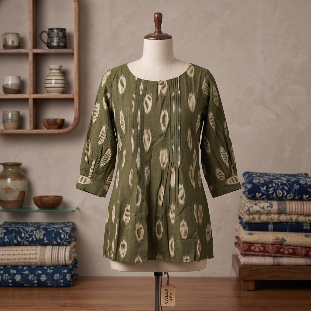 Olive Green Ikat Pleated Tunic