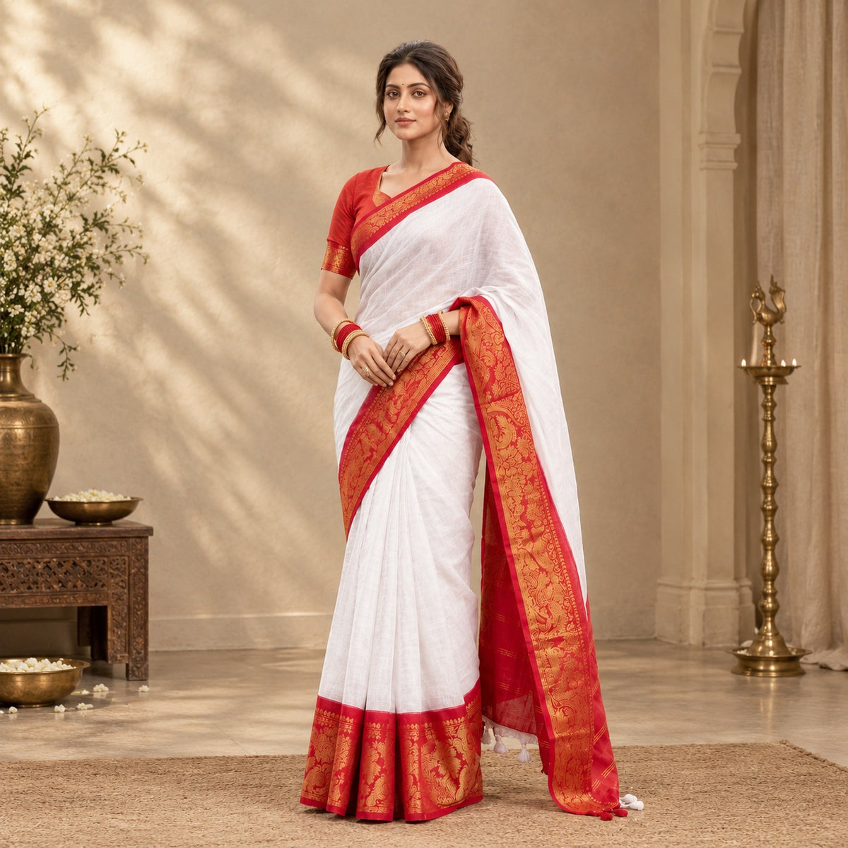 Classic White & Red Silk Saree