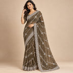 Olive Green Embroidered Organza Saree