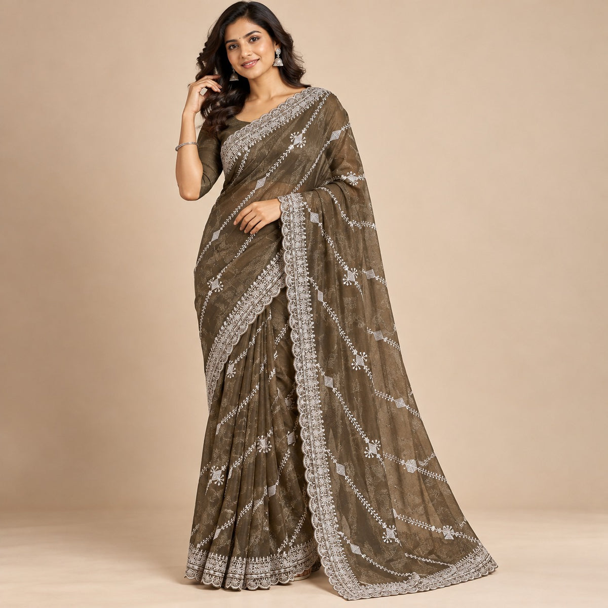 Olive Green Embroidered Organza Saree