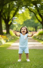 Child in a light blue outfit playing with bubbles in a park