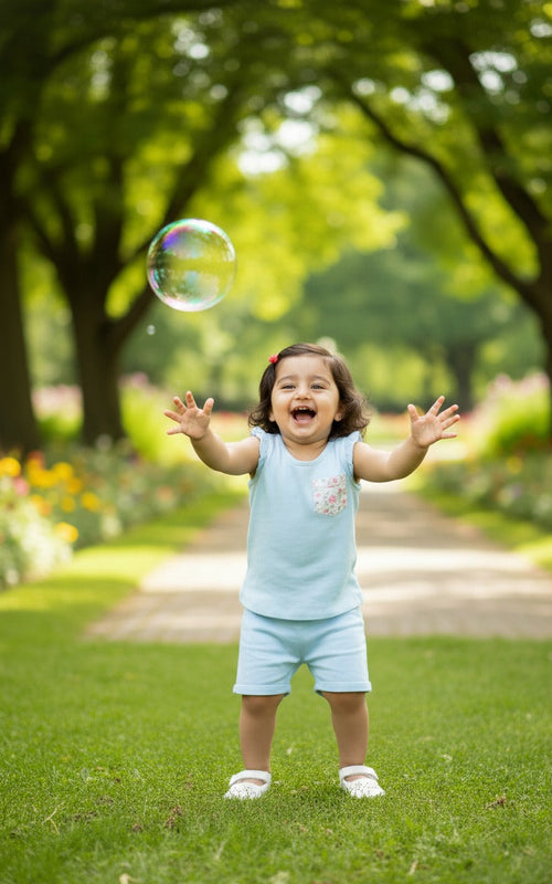 Child in a light blue outfit playing with bubbles in a park