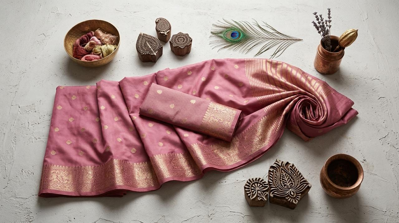 Pink Woven Jacquard Silk Saree