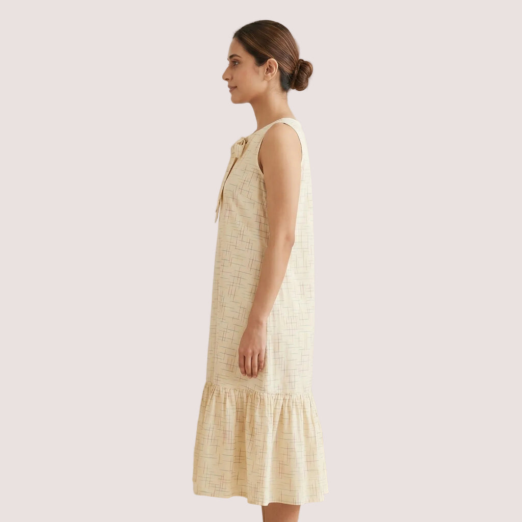 Beige Printed Bow-Neck Dress