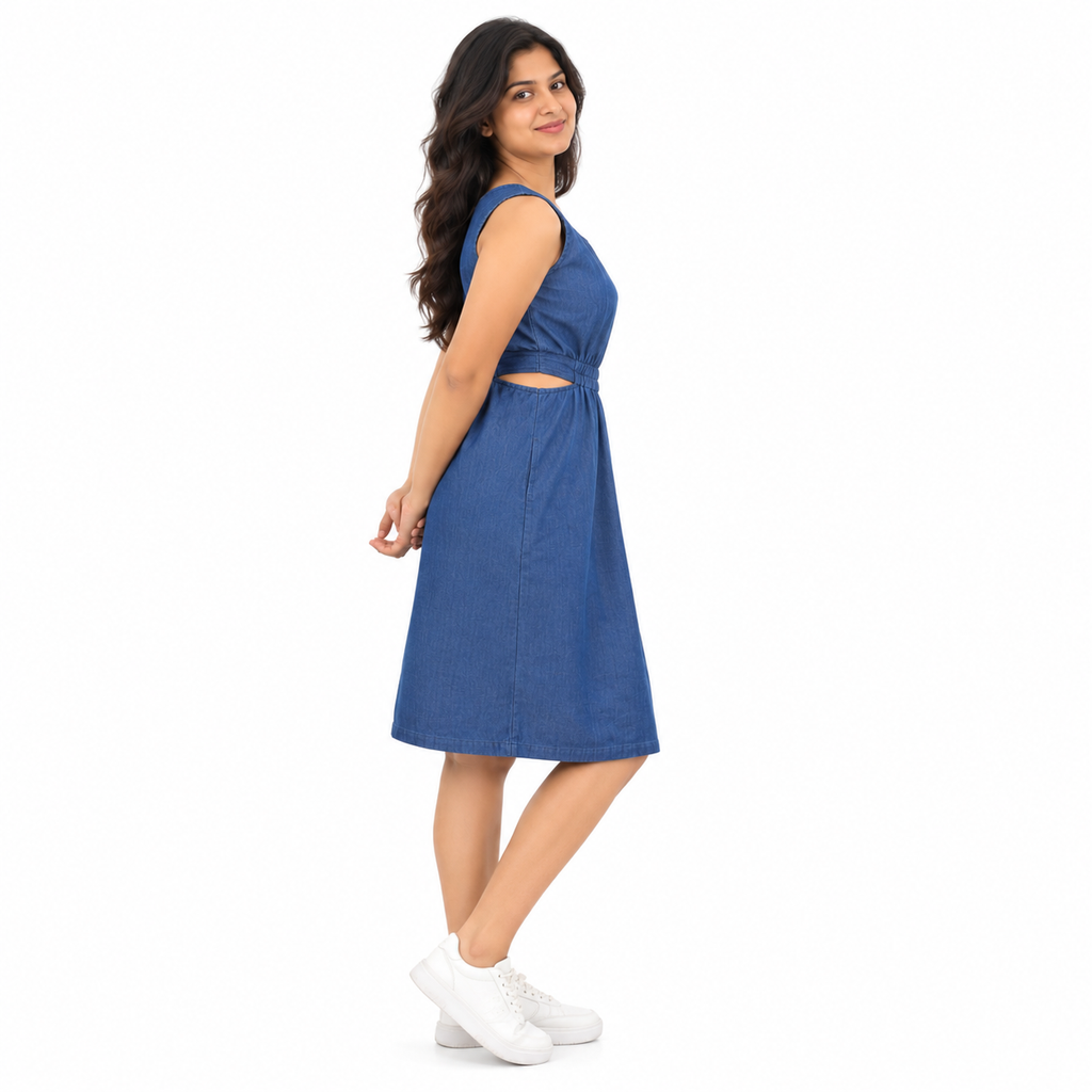 Solid Denim Sleeveless Dress Blue