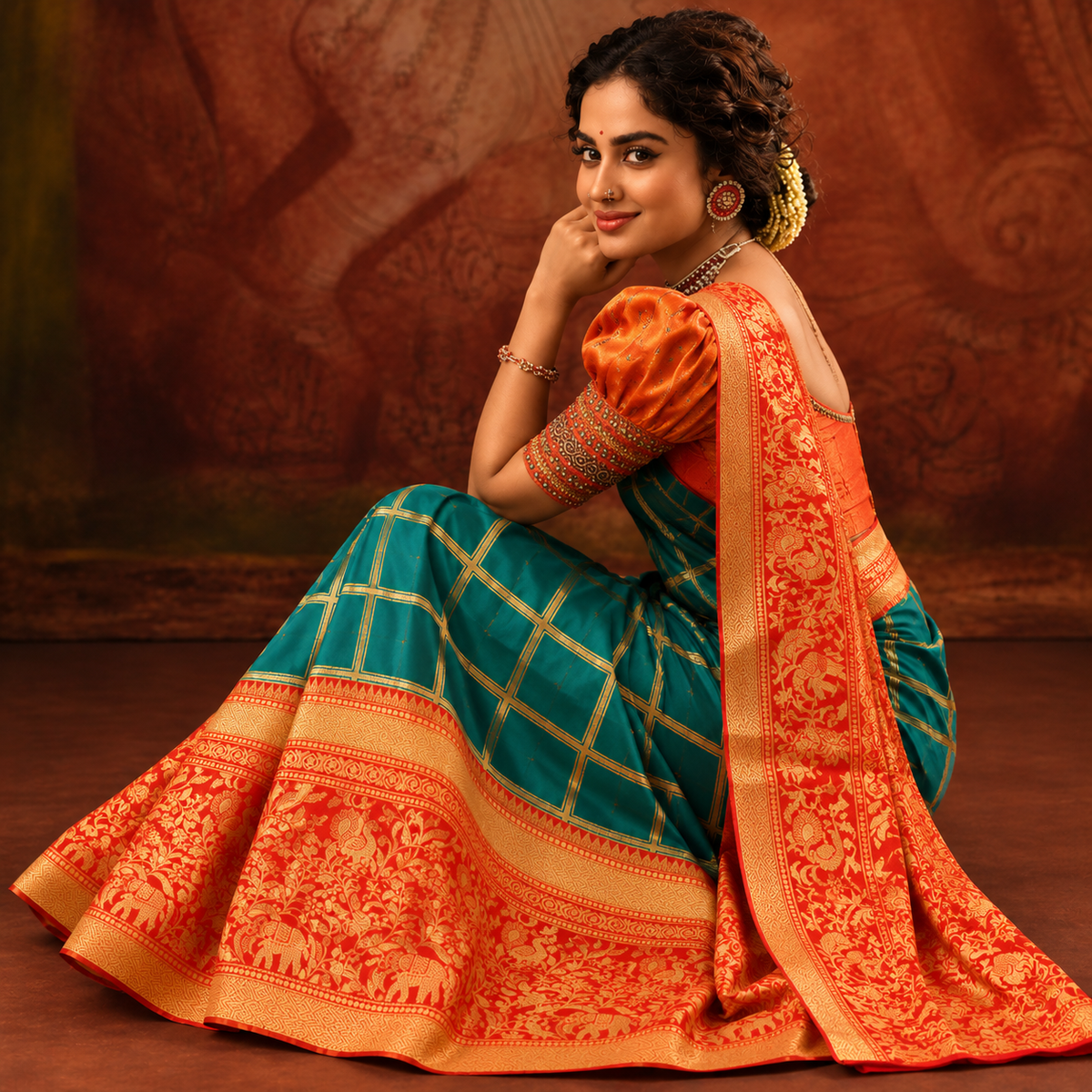 Orange & Teal Silk Saree