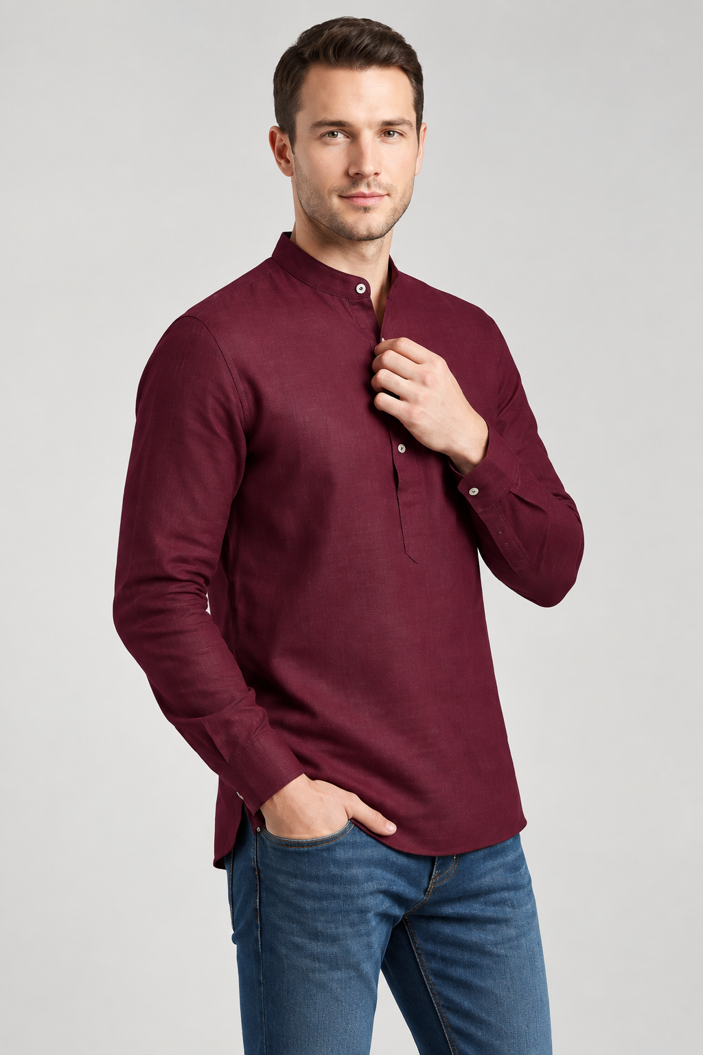 Men's Maroon Casual Short Kurta