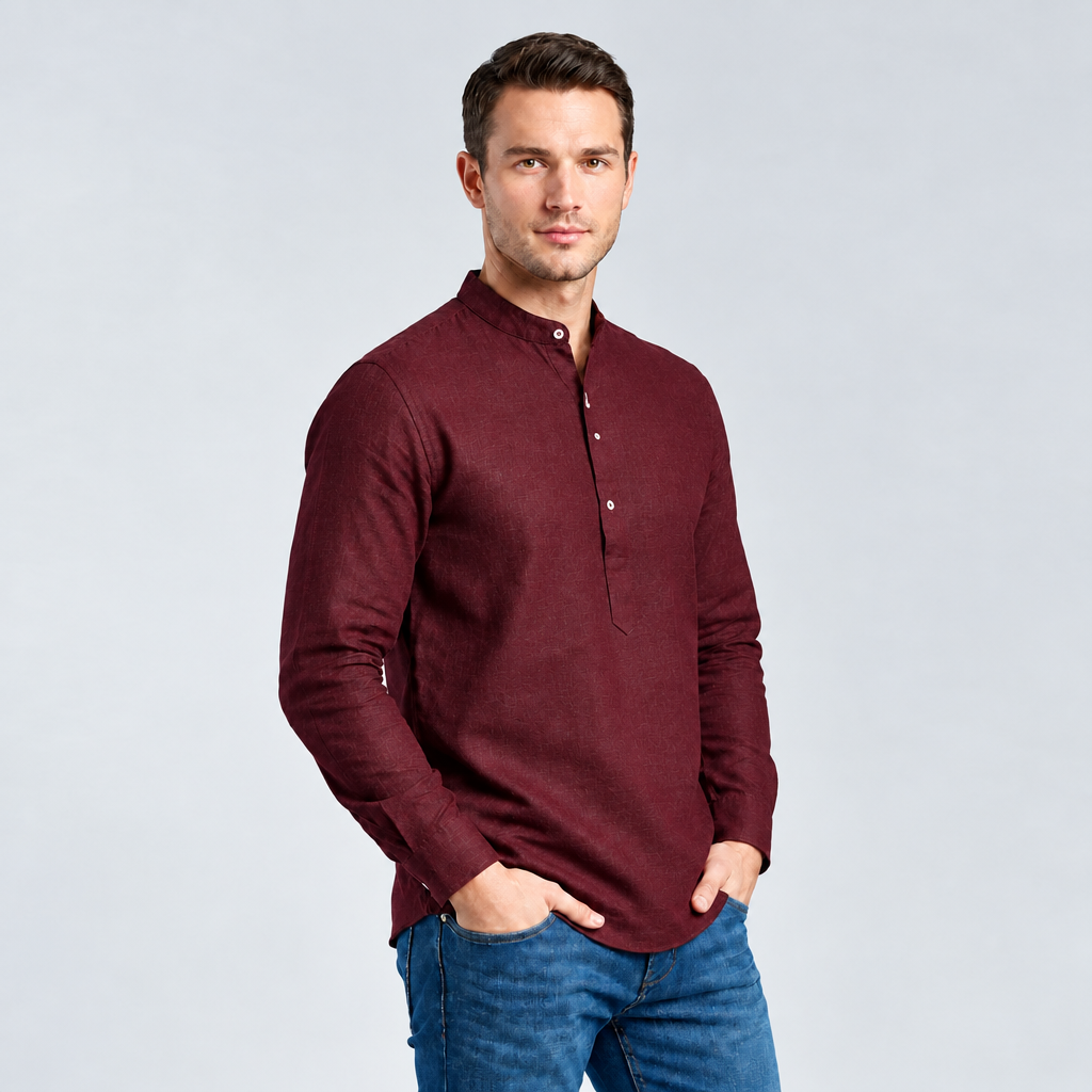 Men's Maroon Casual Short Kurta