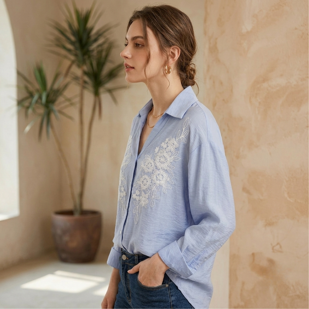 Floral Embroidered Blue Shirt