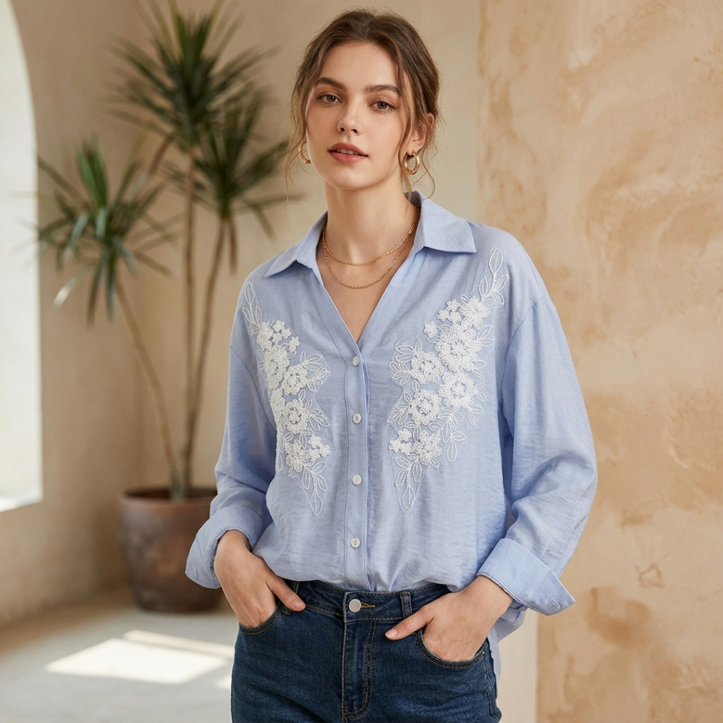 Floral Embroidered Blue Shirt