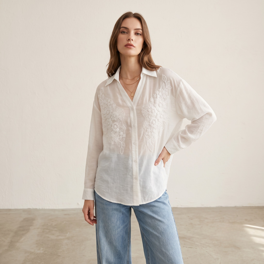Floral Embroidered White Shirt
