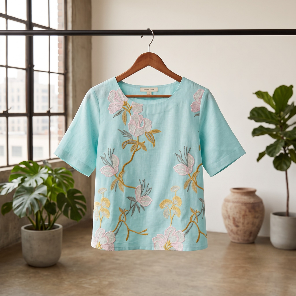 Botanical Embroidered Tunic Top-Blue
