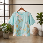 Botanical Embroidered Tunic Top-Blue