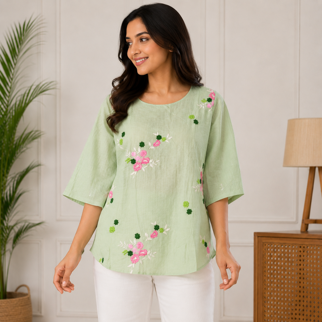 Floral Embroidered Green Top