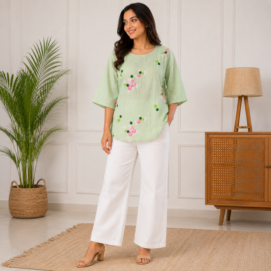Floral Embroidered Green Top