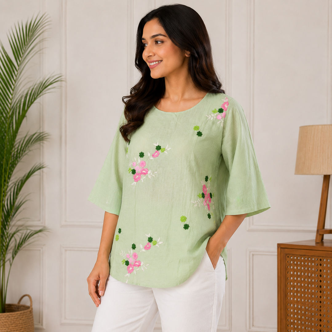 Floral Embroidered Green Top