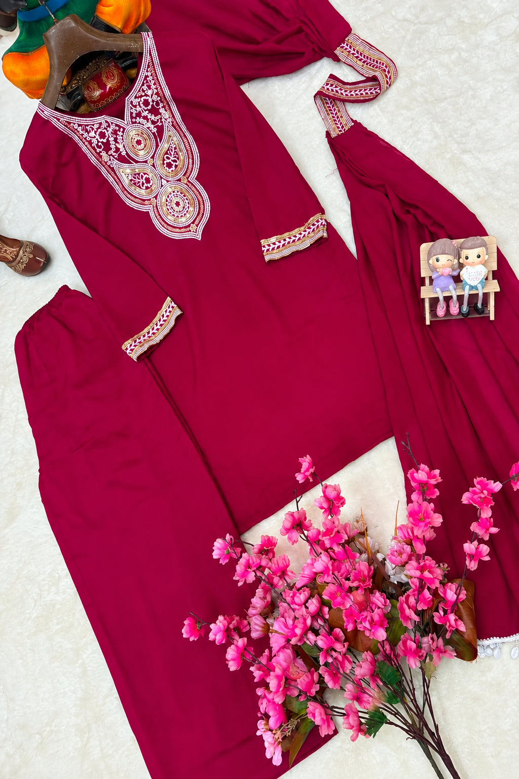 Embroidered Wine Sharara Set