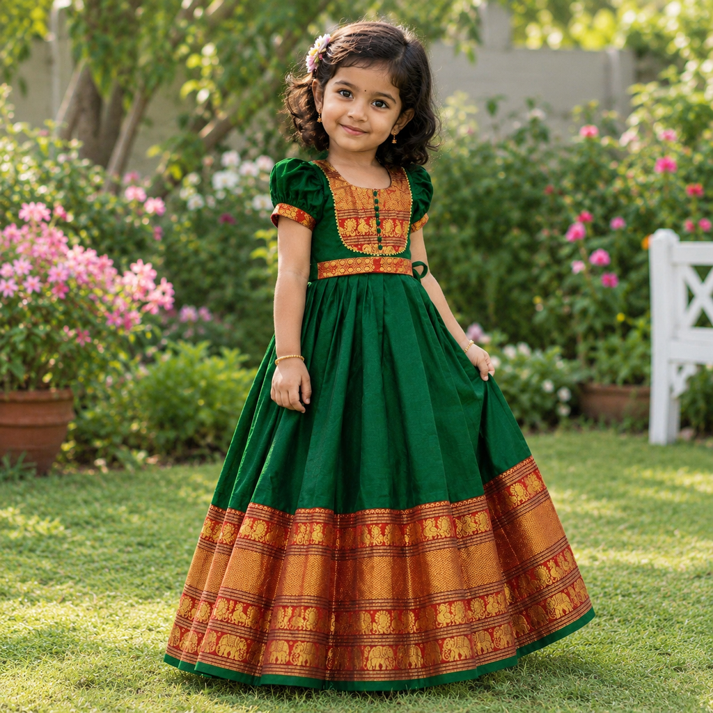 Kids Traditional Bottle Green Ethnic Frock