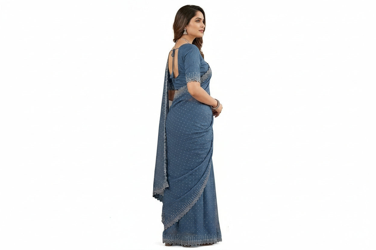 Grey Georgette Stone Work Saree