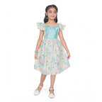 Young girl wearing a premium floral print dress with a satin blue bodice and ruffle sleeves for festive occasions