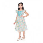 Young girl wearing a premium floral print dress with a satin blue bodice and ruffle sleeves for festive occasions