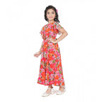 Young girl wearing a vibrant red and pink floral print party wear dress with flutter sleeves