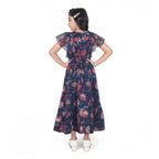 Girl wearing navy blue floral printed maxi dress with flutter sleeves