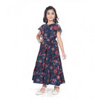 Girl wearing navy blue floral printed maxi dress with flutter sleeves