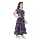 Girl wearing navy blue floral printed maxi dress with flutter sleeves