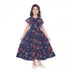 Girl wearing navy blue floral printed maxi dress with flutter sleeves