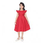 Girl wearing red fit and flare party wear dress with flutter sleeves