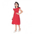 Girl wearing red fit and flare party wear dress with flutter sleeves
