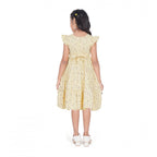 Girl wearing yellow floral party wear dress with cap sleeves