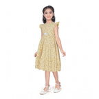 Girl wearing yellow floral party wear dress with cap sleeves