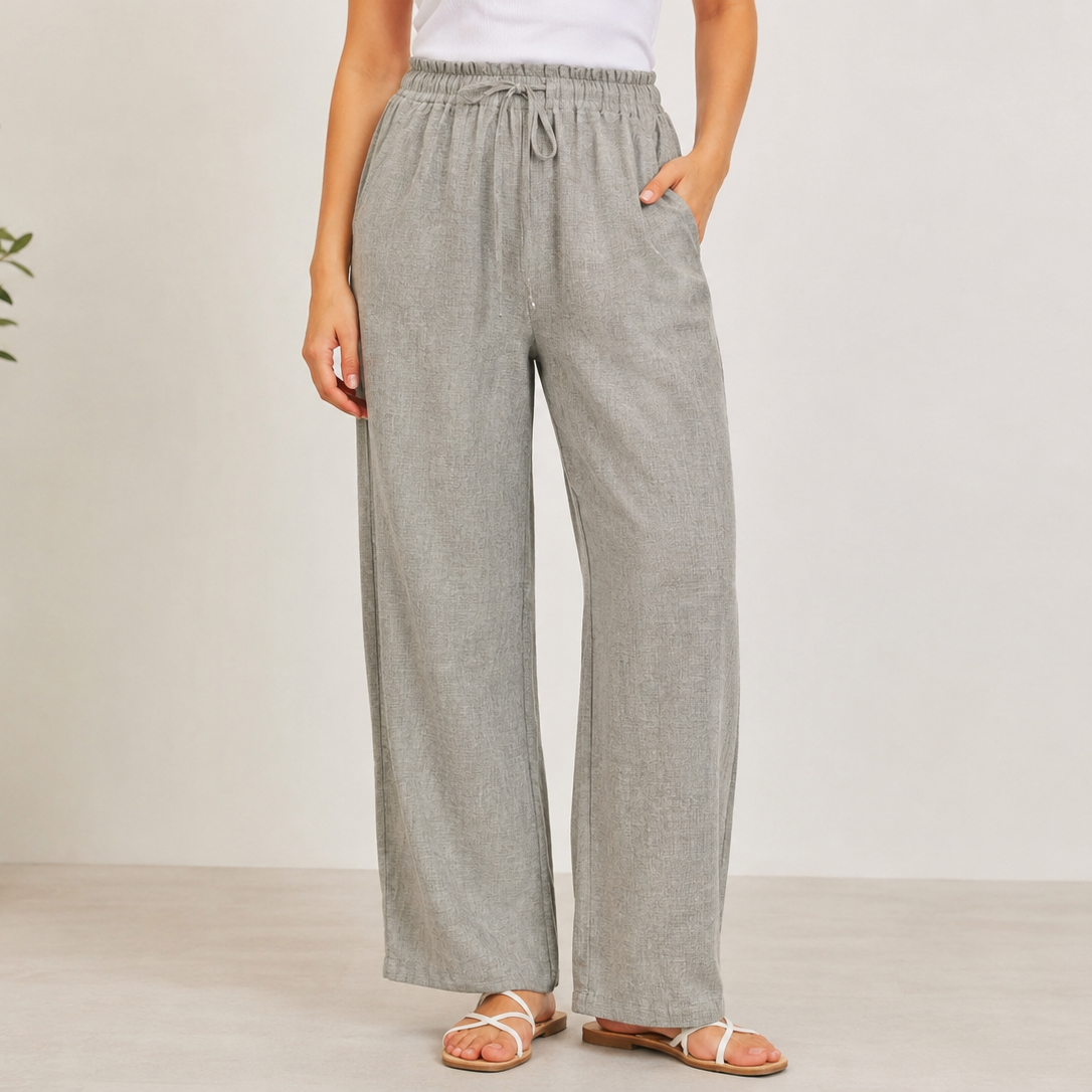 Beige Wide-Leg Linen Blend Pants