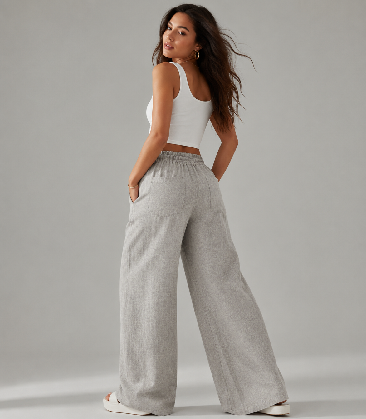 Beige Wide-Leg Linen Blend Pants