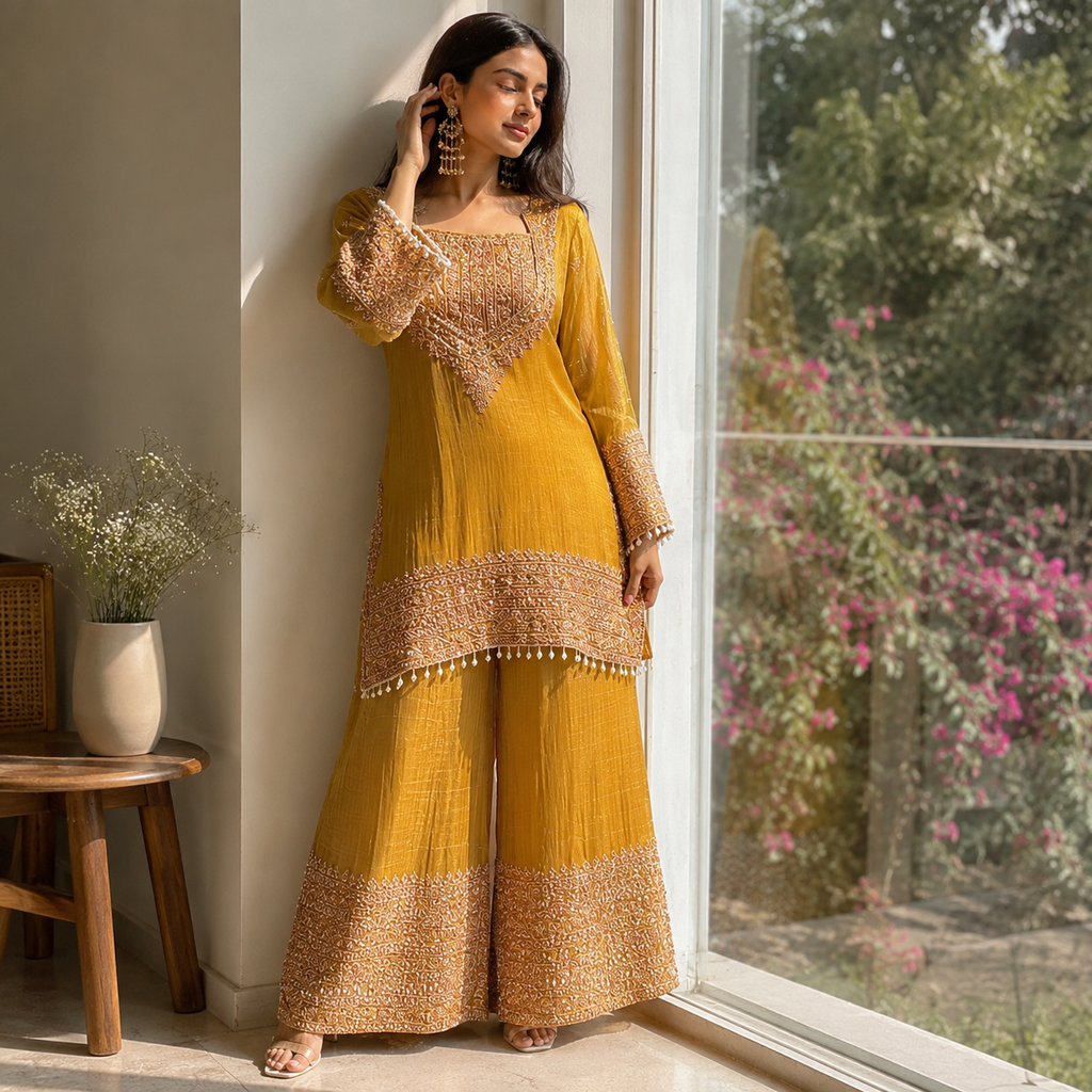 Yellow Silk Gharara Suit Set