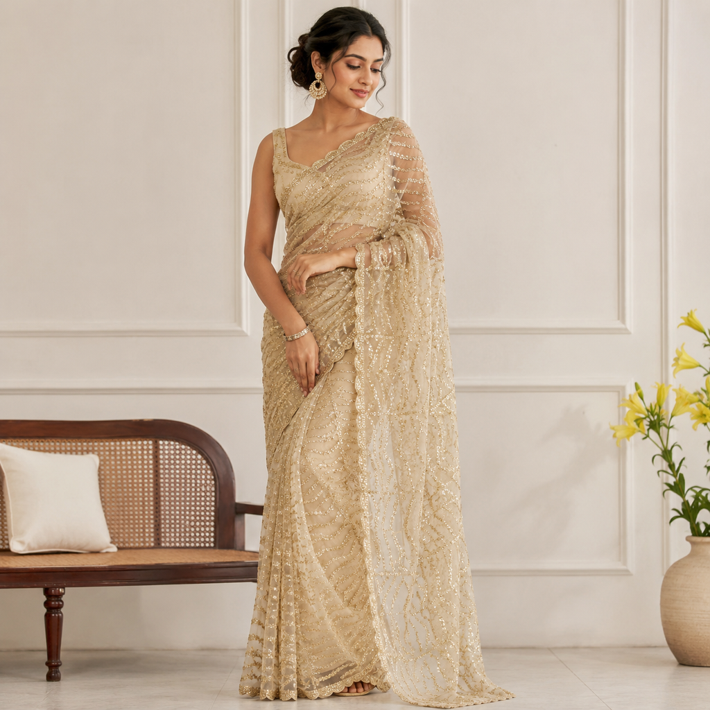 Gold Sequin Embellished Net Saree