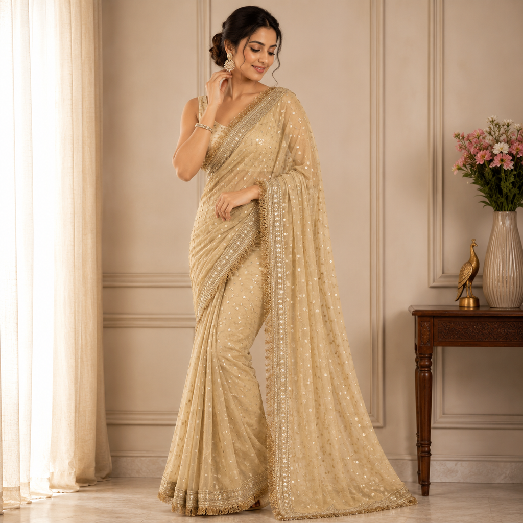 Beige Embellished Silk Saree