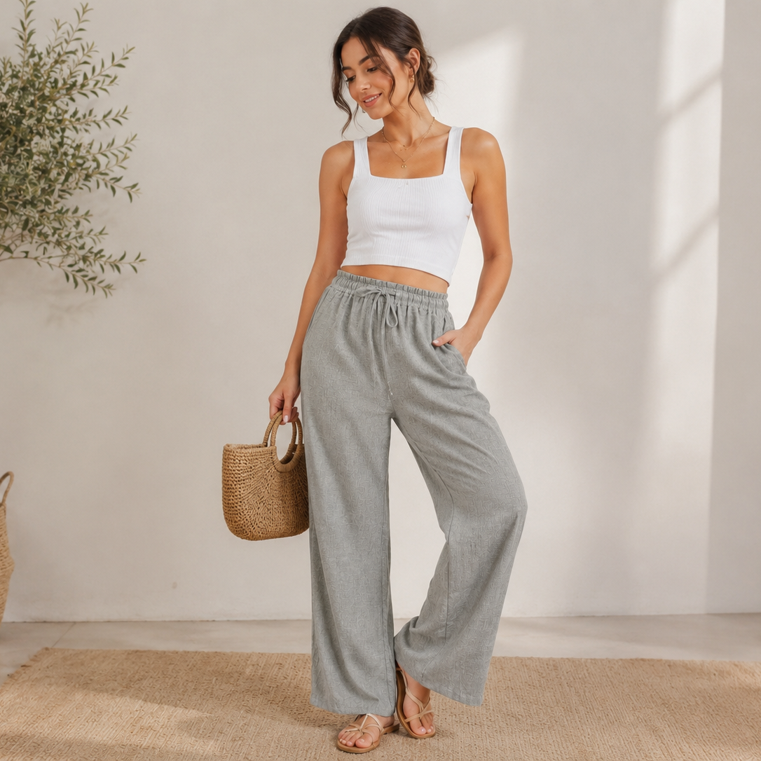 Beige Wide-Leg Linen Blend Pants